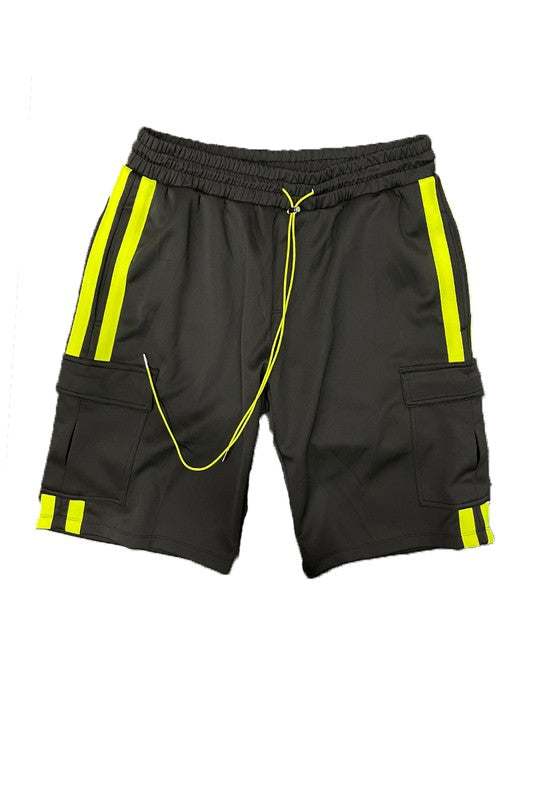Two Stripe Cargo Pouch Shorts with elastic waist, black with neon stripe design, side and back Velcro pockets.
